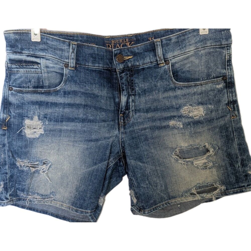 Buckle Black Denim Distressed Jean Shorts  Women Sz 31  Cut Off Mid Rise #256
